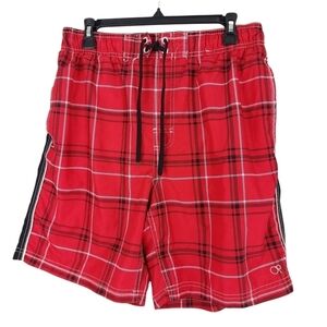 OP Men's Swim Trunks, Red Black and Gray Plaid with stripes Size Ma (32-34) Ties